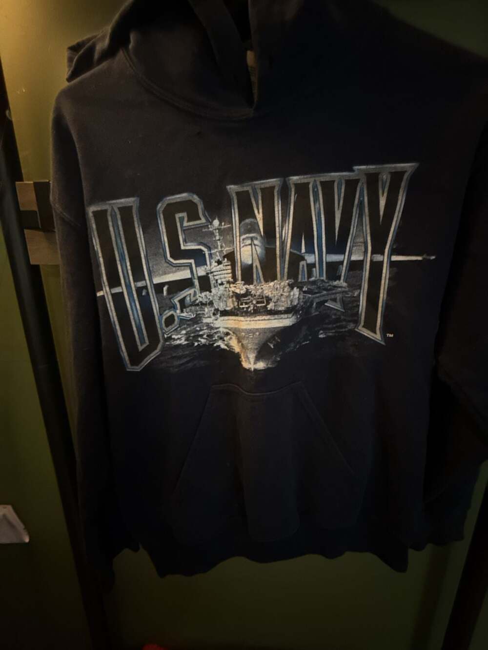 US Navy Hoodie Size S Navy Blue Aircraft Carrier Graphic Pullover